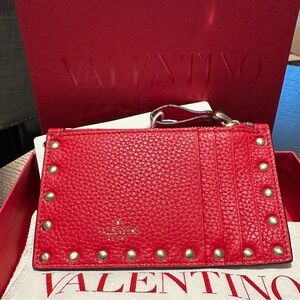 Red Valentino Garavani Rockstud Zipped Card Holder NIB